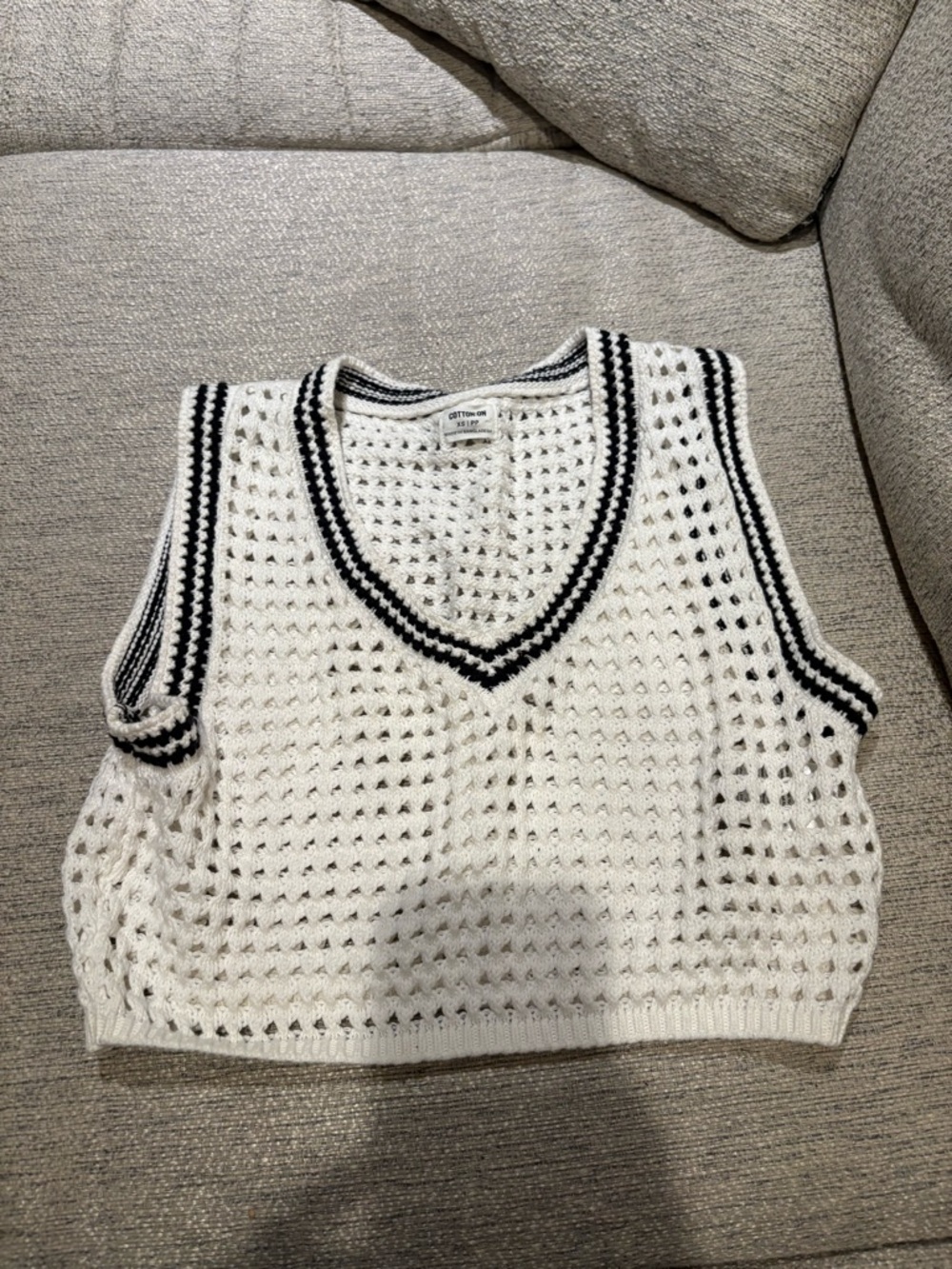 Cotton On White Open-Knit V-Neck Sweater Tank with Black Trim
